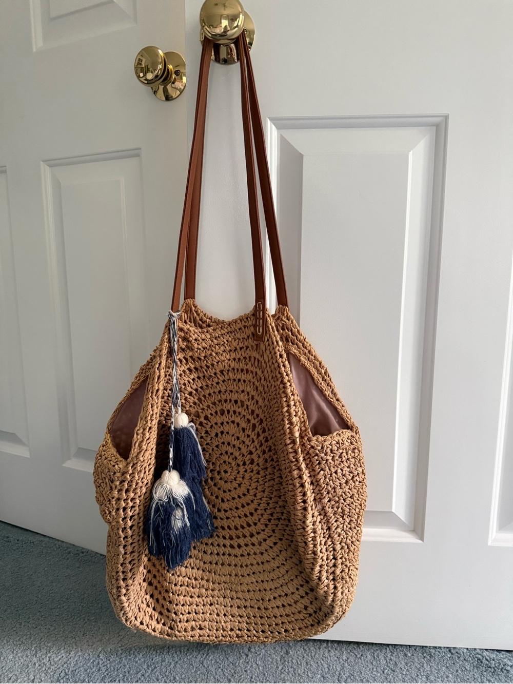Woven Straw Tote Bag with Tassel - Tan